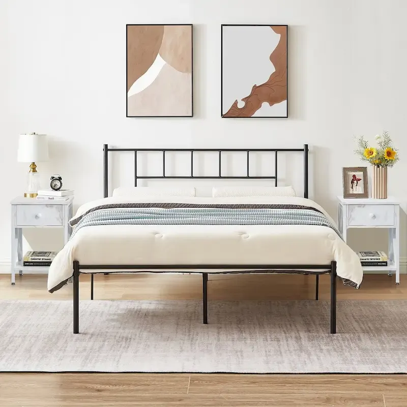 VECELO 3-Pieces Bed Frame with Wood Headboard and Modern Nightstands Set of 2