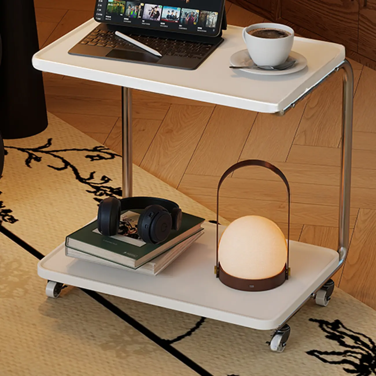 2-tier Rectangular C-shaped Wood Side Table with Wheels