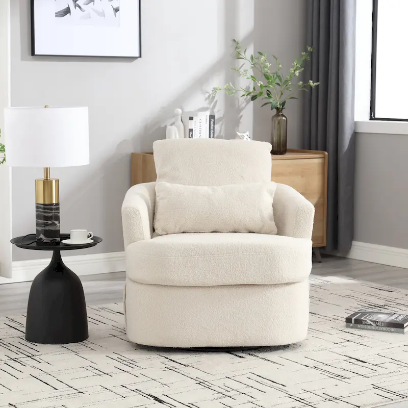 White Teddy 32.68 Upholstered 360 Swivel Barrel Chair with Metal Base