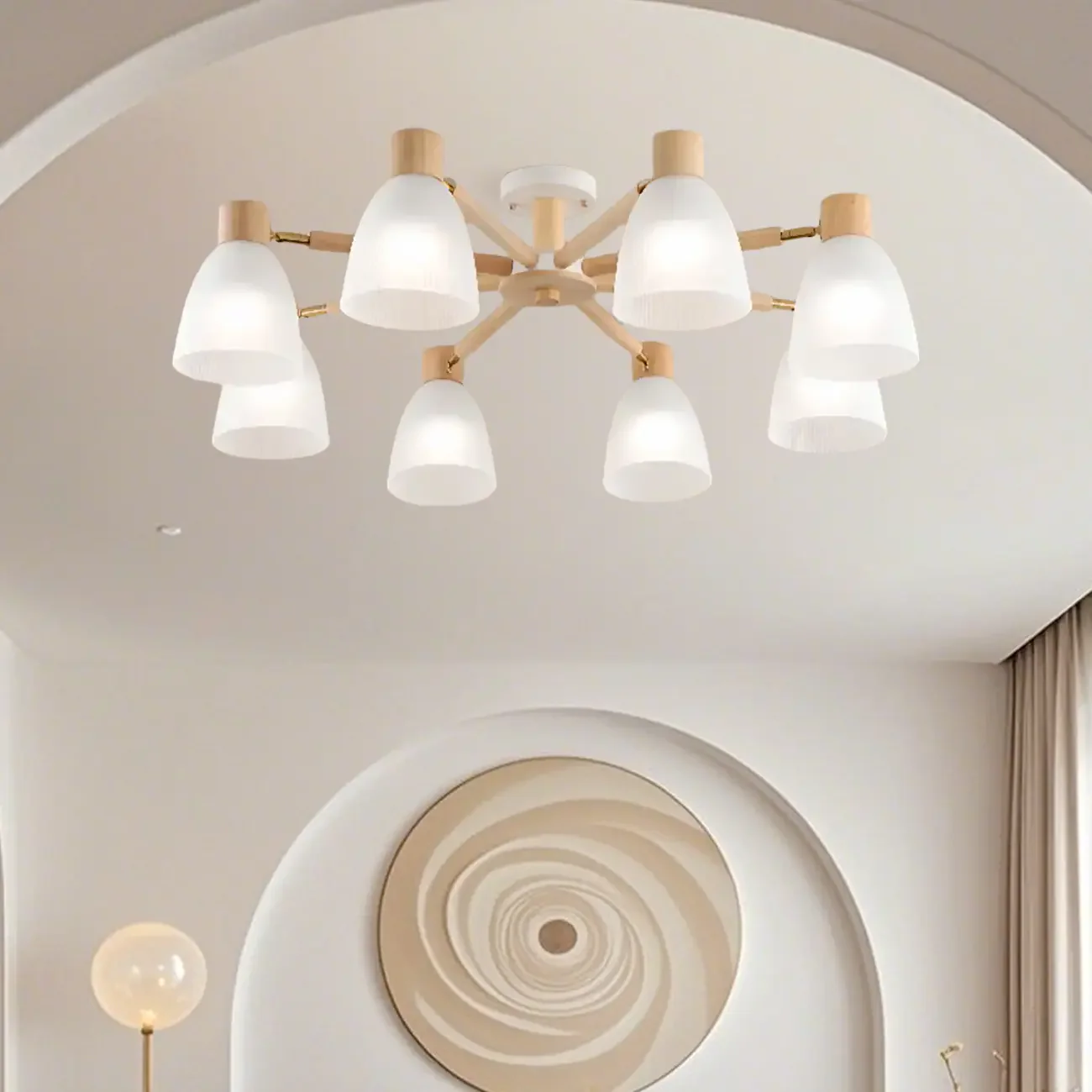 Natural White Cone Glass Wooden Semi Flush Mount Ceiling Light