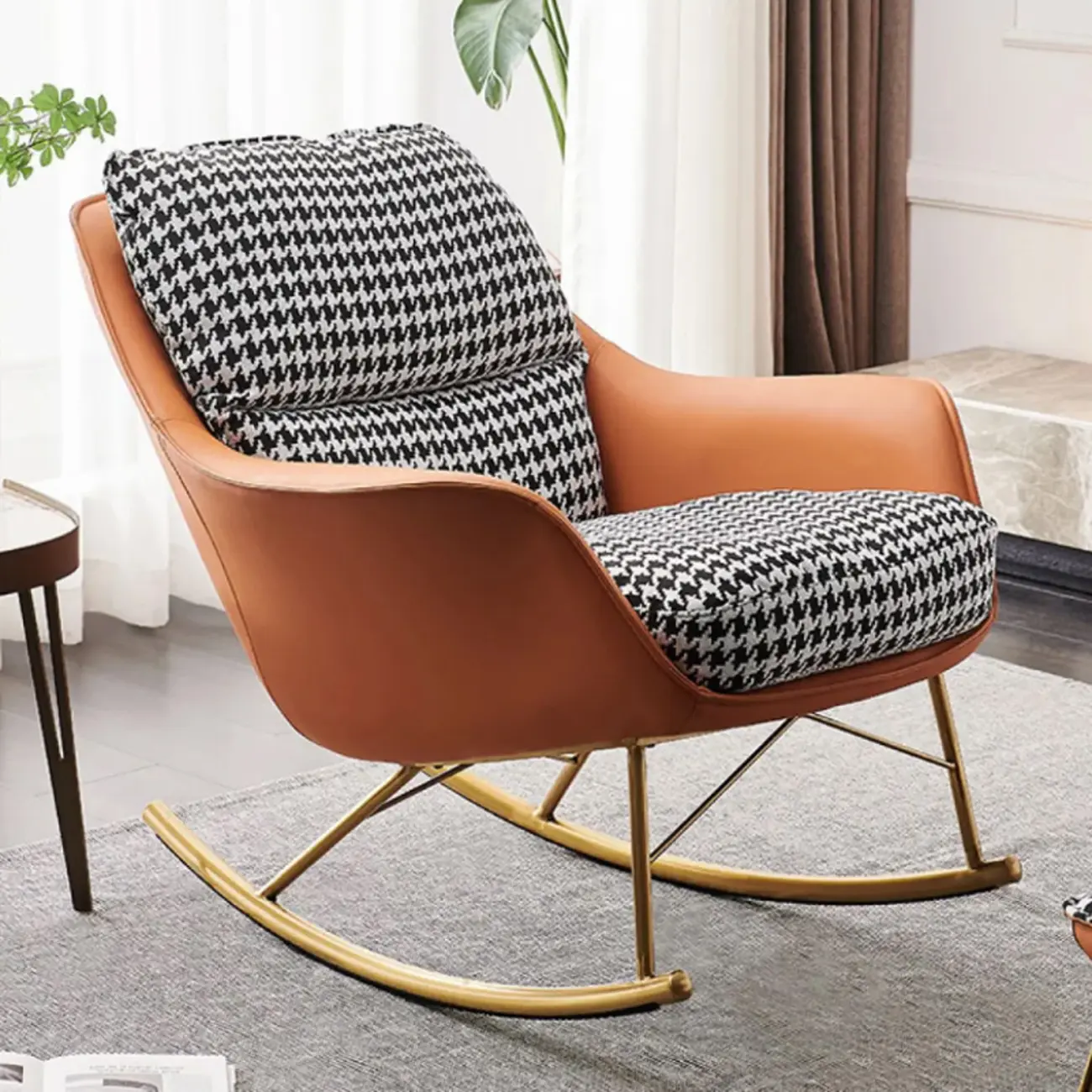 Houndstooth Upholstered Rocking Chair with Track Arm