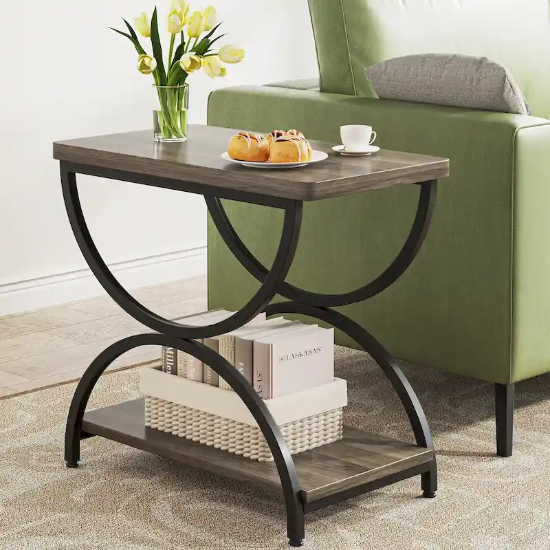 2-Tier RectangularWood Metal End Side Accent Table Nightstand