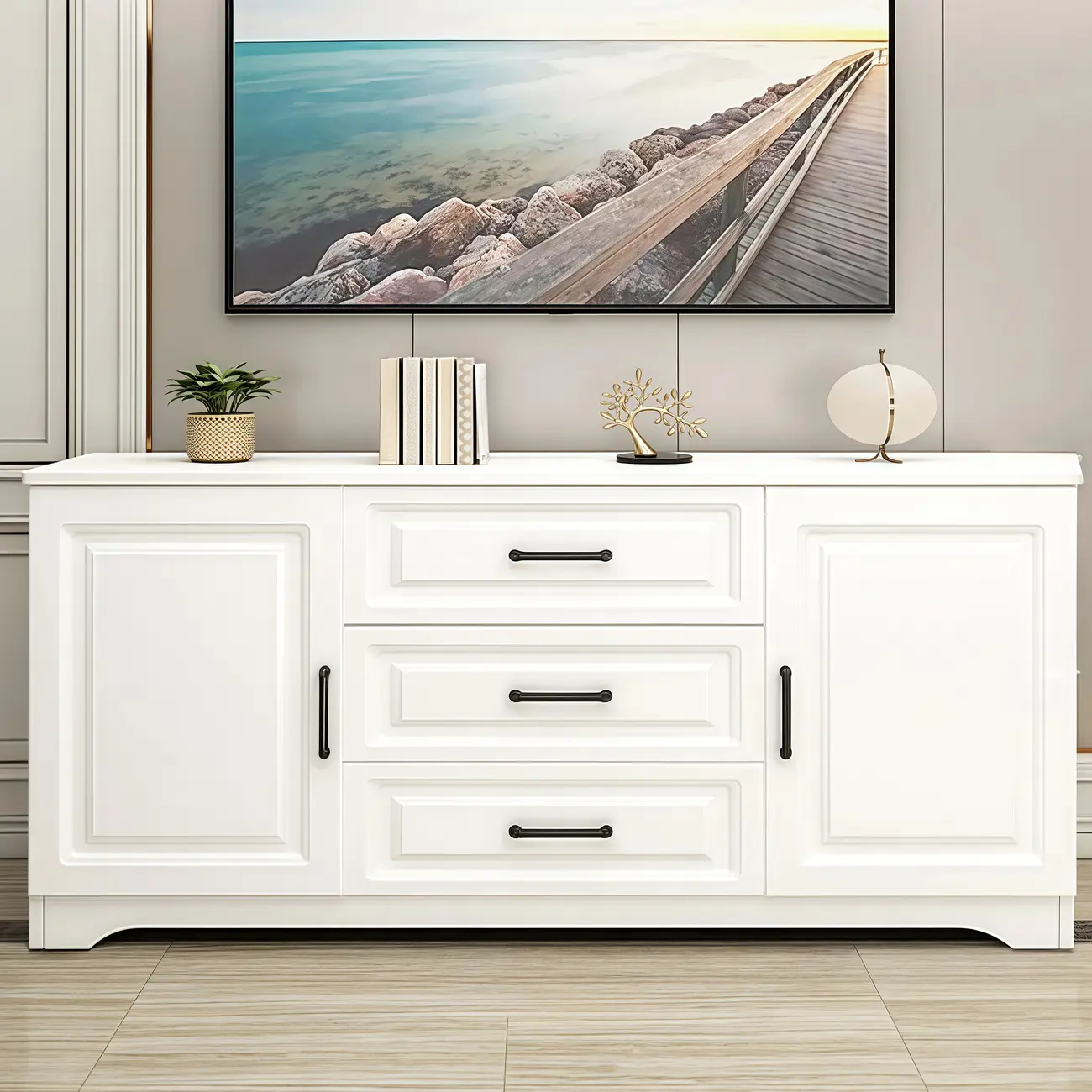 Modern Rectangular White 3-Drawer Wooden TV Stand