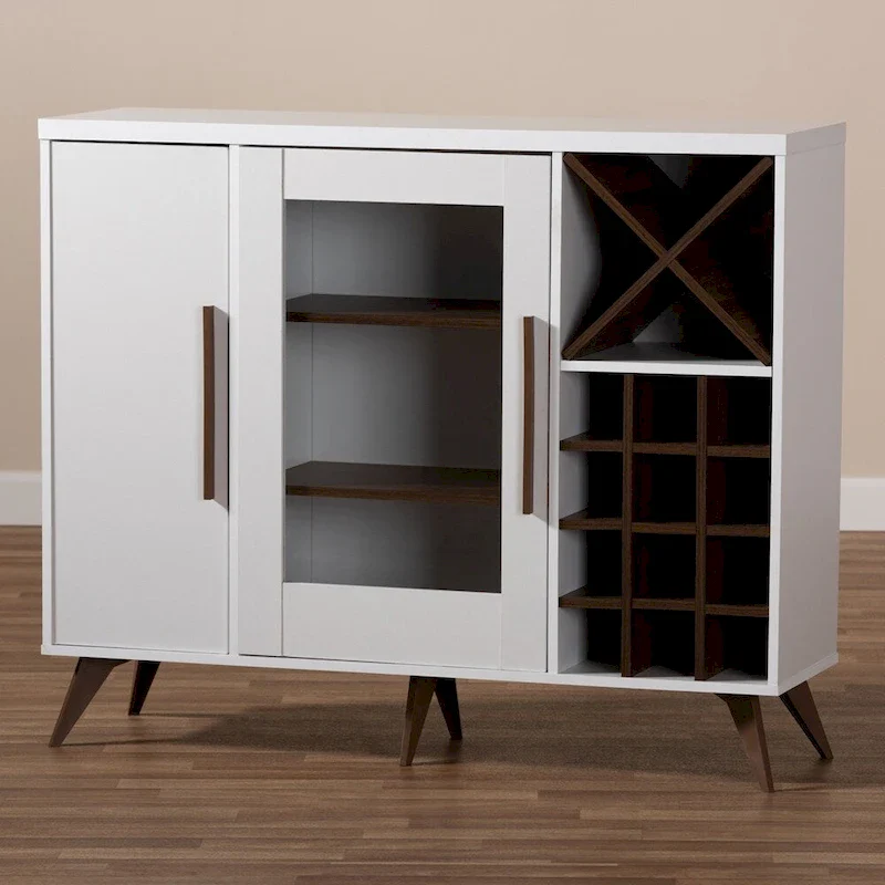 Dark Grey & Oak / White Brown Mid-Century Wine Cabinet with 24-Bottle Rack