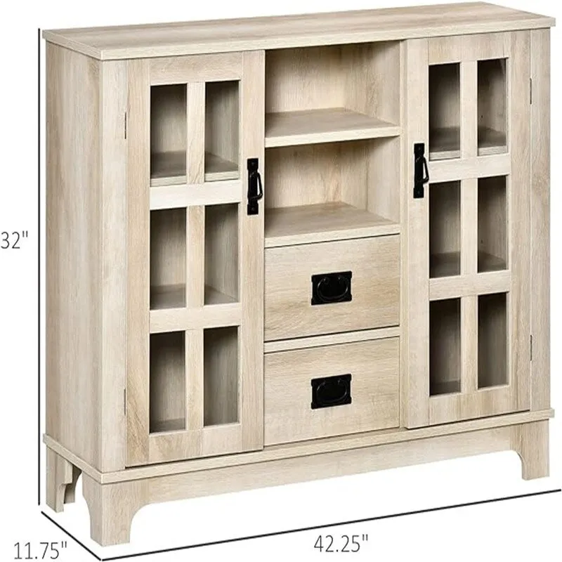 Grey / White / Walnut Sideboard Buffet Cabinet with Glass Doors & Adjustable Shelves