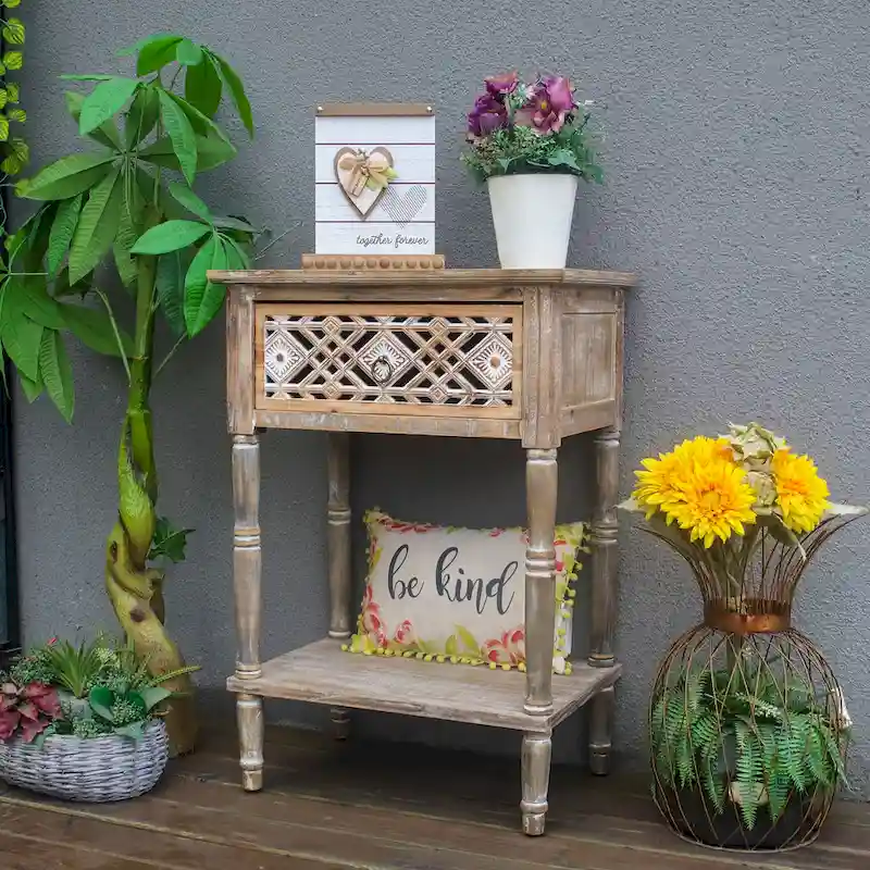 Farmhouse Nightstand with Cutout Carved Drawer and Open Display Shelf, Distressed Accent Table