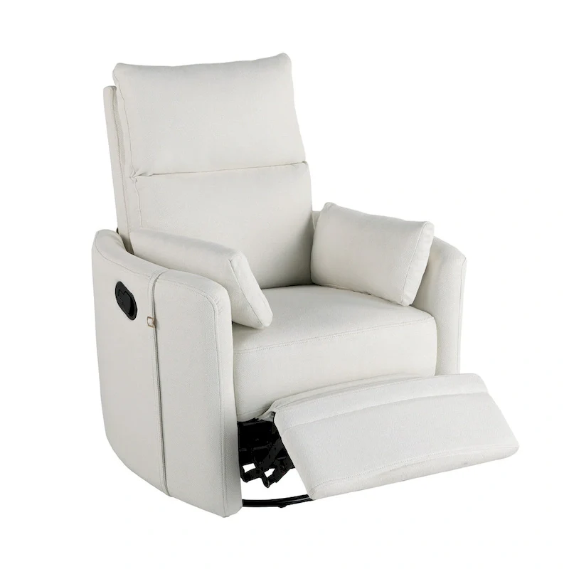 Beige Upholstered Swivel Rocker Recliner with Manual Recline, 360 Swivel, and Two Removable Cushions
