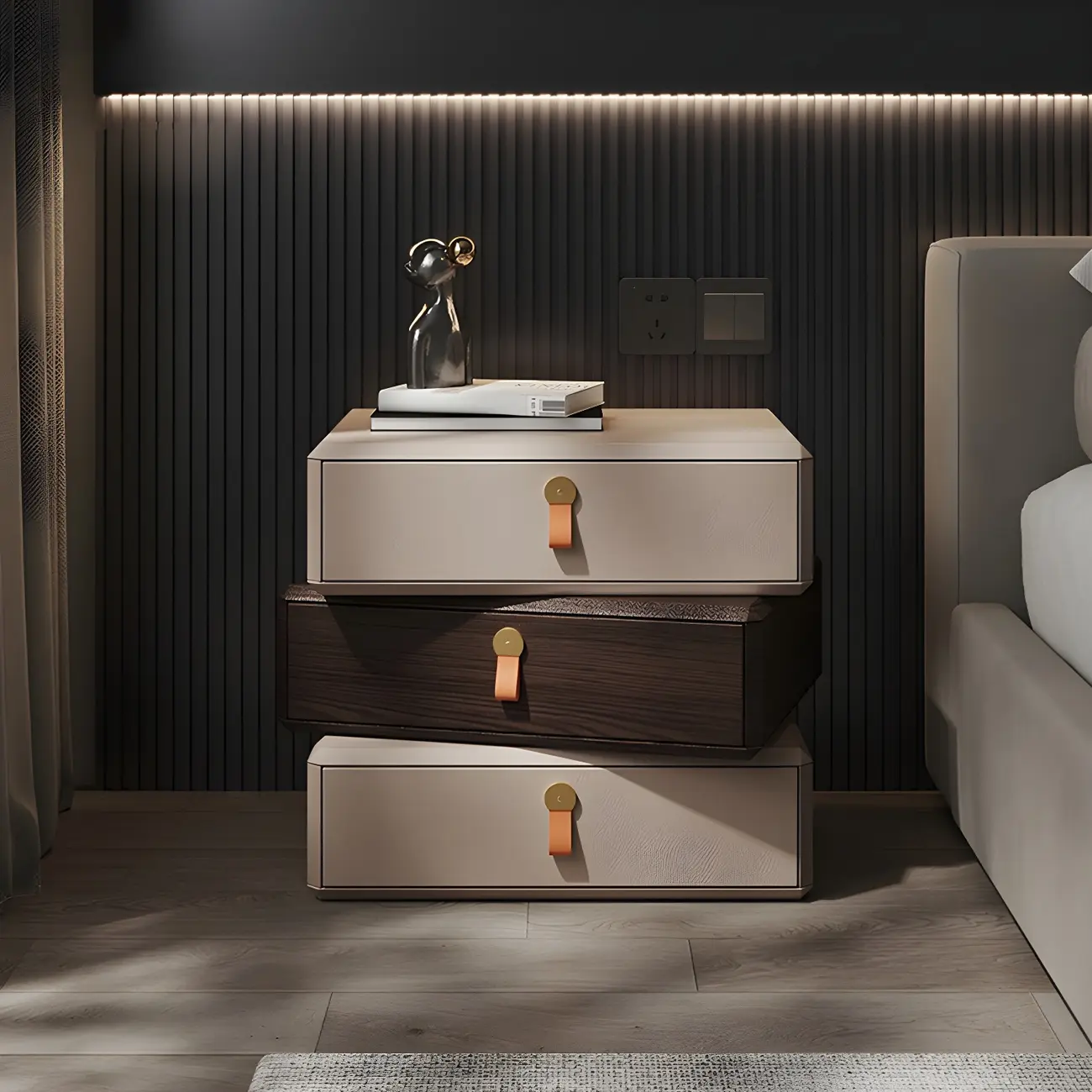 Stacked Beige Wood 3 Drawers Narrow Nightstand