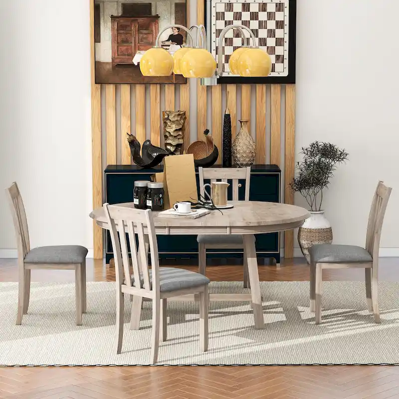 5-Piece Wooden Dining Table Set with Round Extendable Table & 4 Chairs