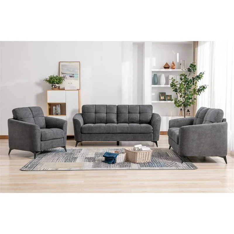 3-Piece Velvet Fabric Living Room Set - Sofa, Loveseat, and Chair with Tufted Cushions