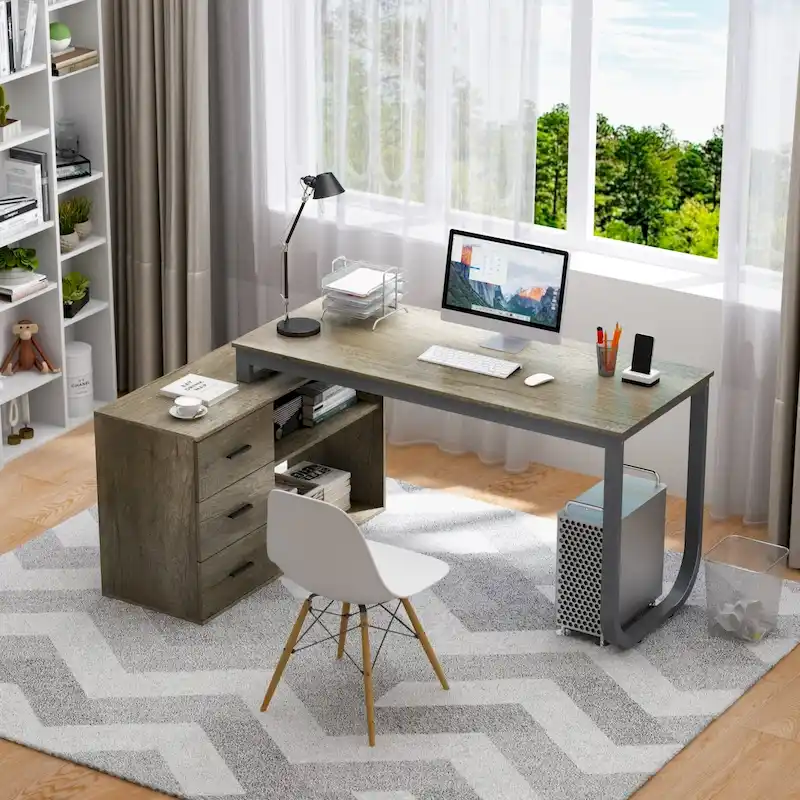 3-Drawer L-Shape Executive Desk Computer Tables With Storage Cabinet
