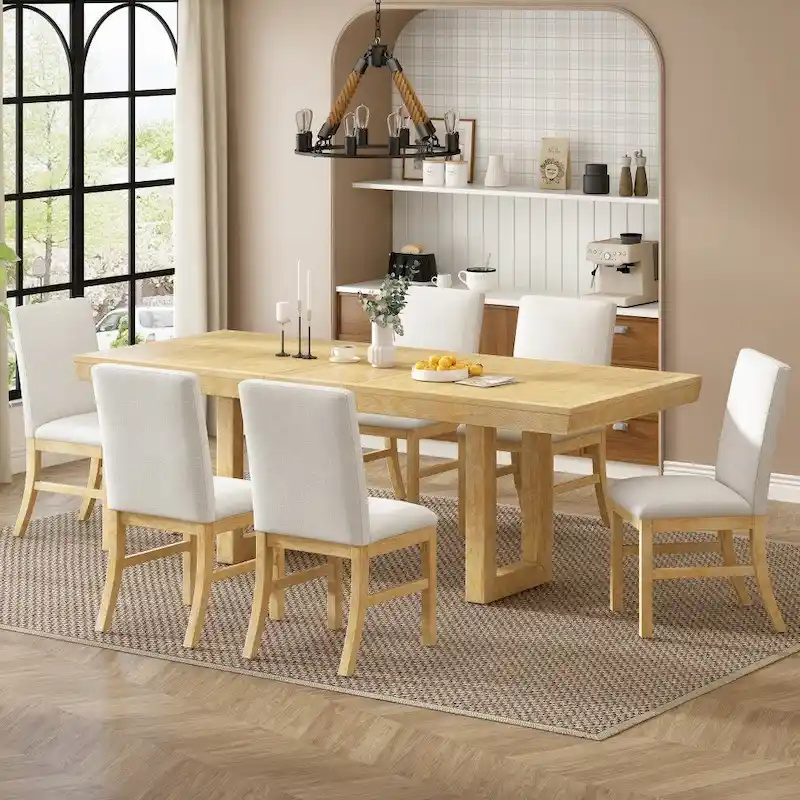 Retro 7-piece Rubber Wood Dining Set with 72 Extendable Butterfly Leaf Table and 6 Upholstered Chairs