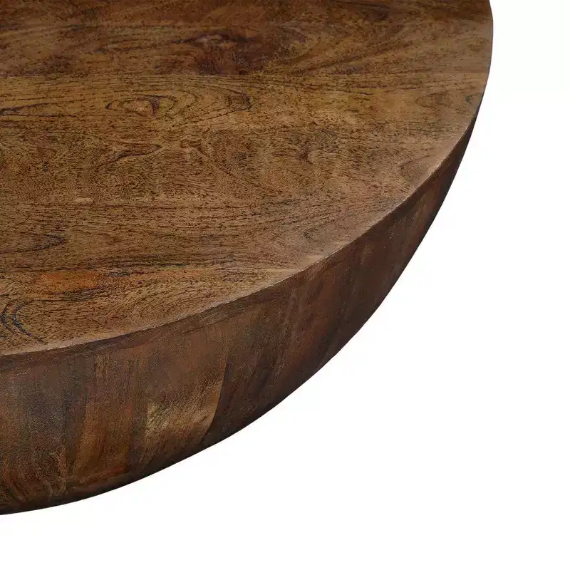 Royal Hampton Coffee Table | 35.5 Round Top | Drum Shaped Sandblasted Walnut Brown Mango Wood