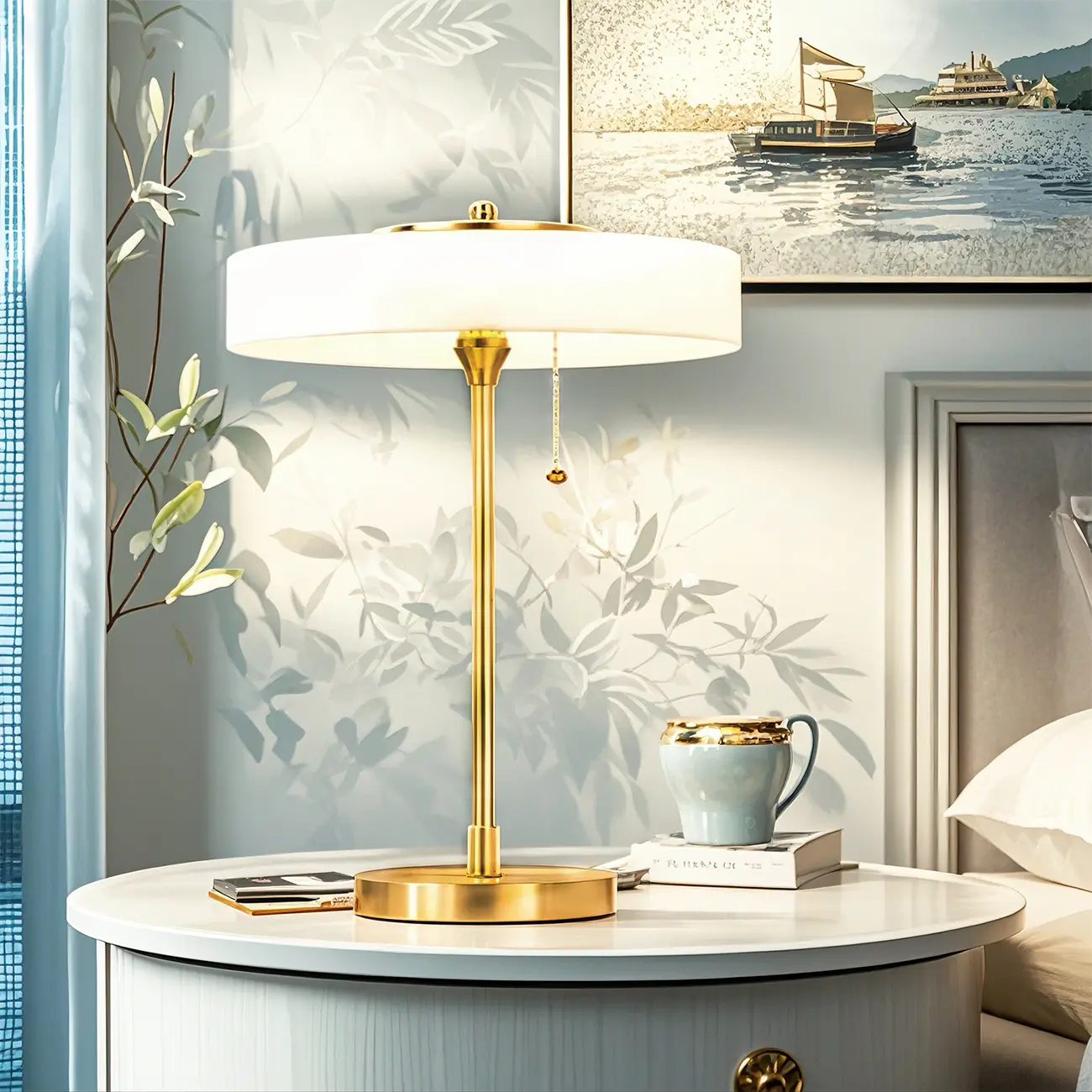 Gold Geometric Bedside Lamp with Pull Chain Switch