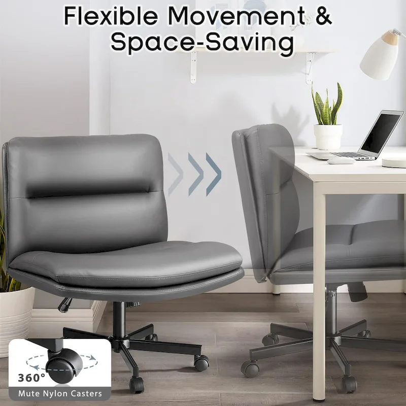 Bossin Criss Cross Chair with Wheels,PU Leather Armless Cross Legged Office chair, Adjustable Wide Seat Task Vanity Chair