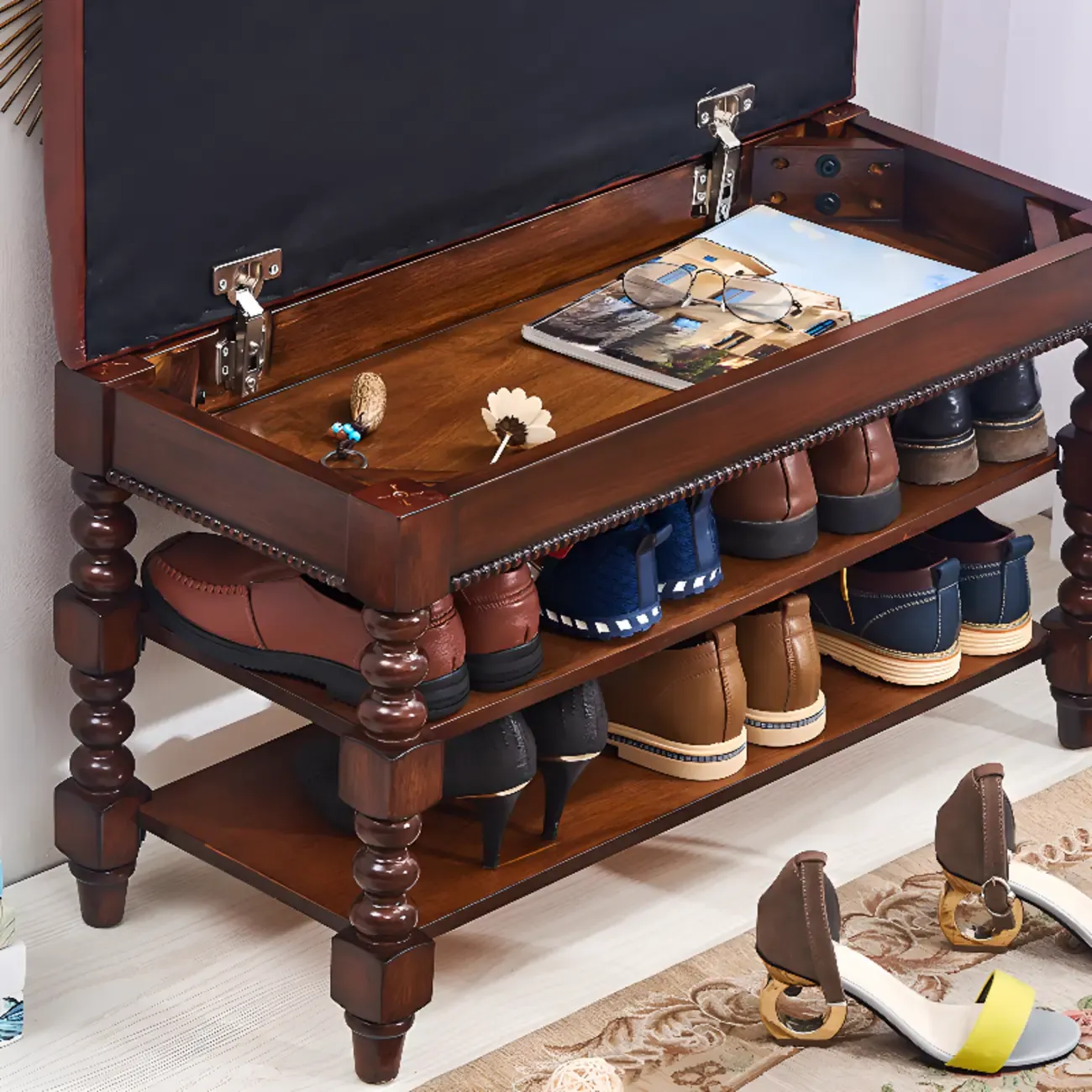 Antique Genuine Leather Flip-up Wood Bench with 2 Shelves