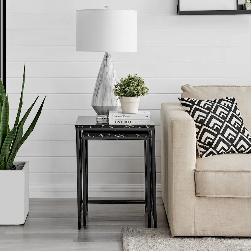 Modern Square Marble Finish Veneer Top Black Metal Frame Nesting End Tables - Set of 2