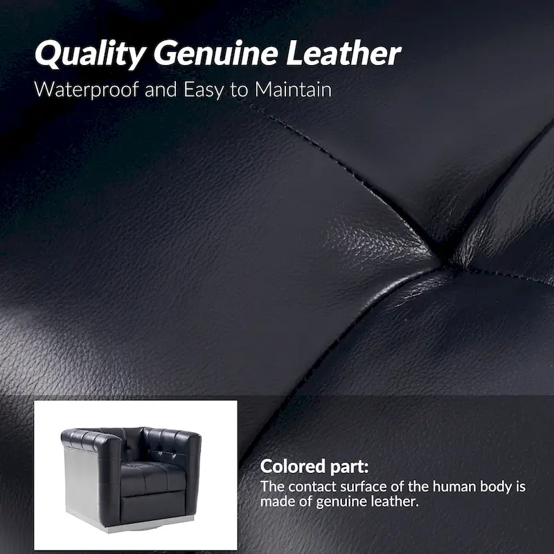 JeremiasMid-certury Modern GenuineLeatherTufted SwivelClubChair with Wooden Apron by HULALA HOME