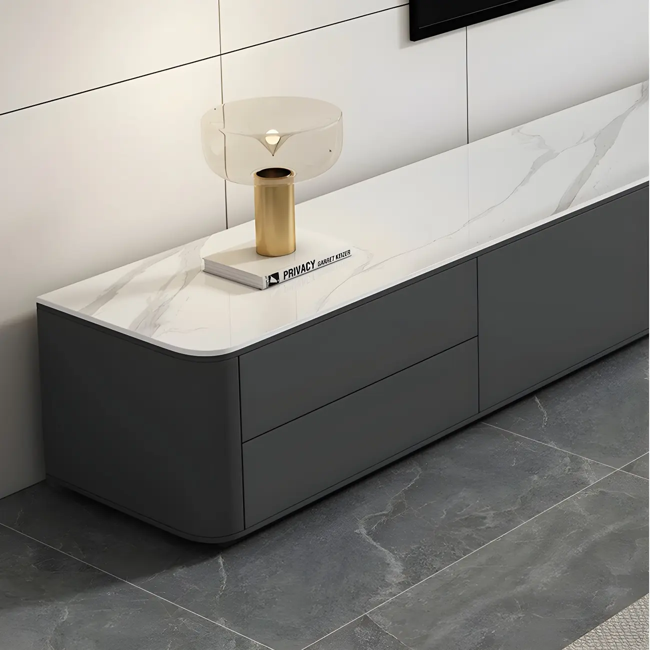 Living Room Grey Stone Long TV Stand with Drawers & Cabinet