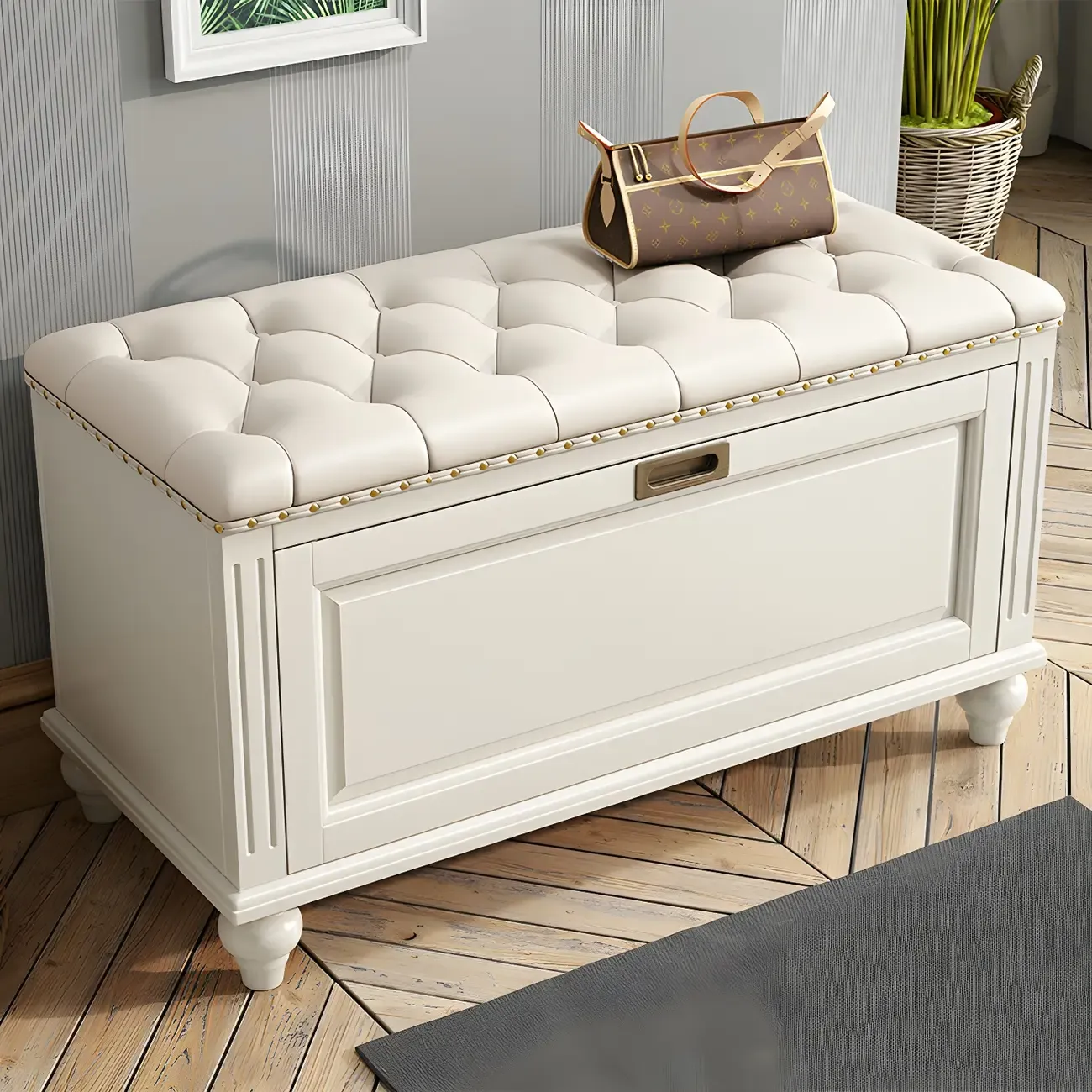 Tufted White Upholstered Entryway Bench with Shoe Storage
