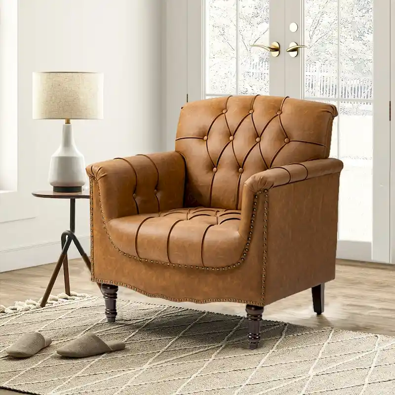 PU Leather Tufted Accent Chair with Nailhead Trim Armchair