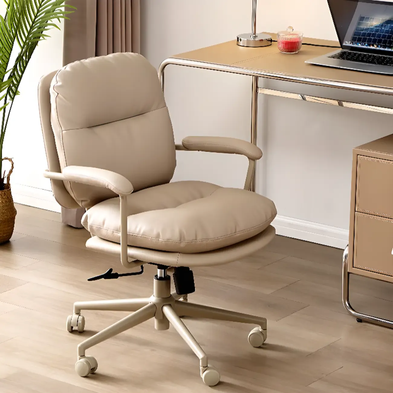 Elegant Beige Leather Swivel Ergonomic Office Chair