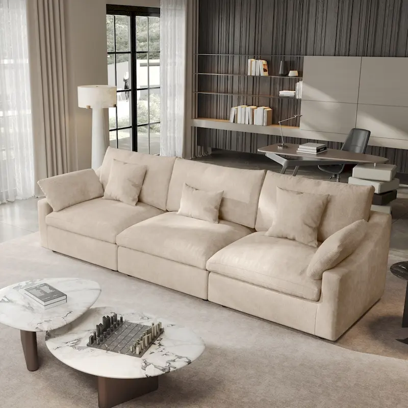 Modern Comfy Linen Sectional Sofa 3-Seater Down Filled Cloud Couch