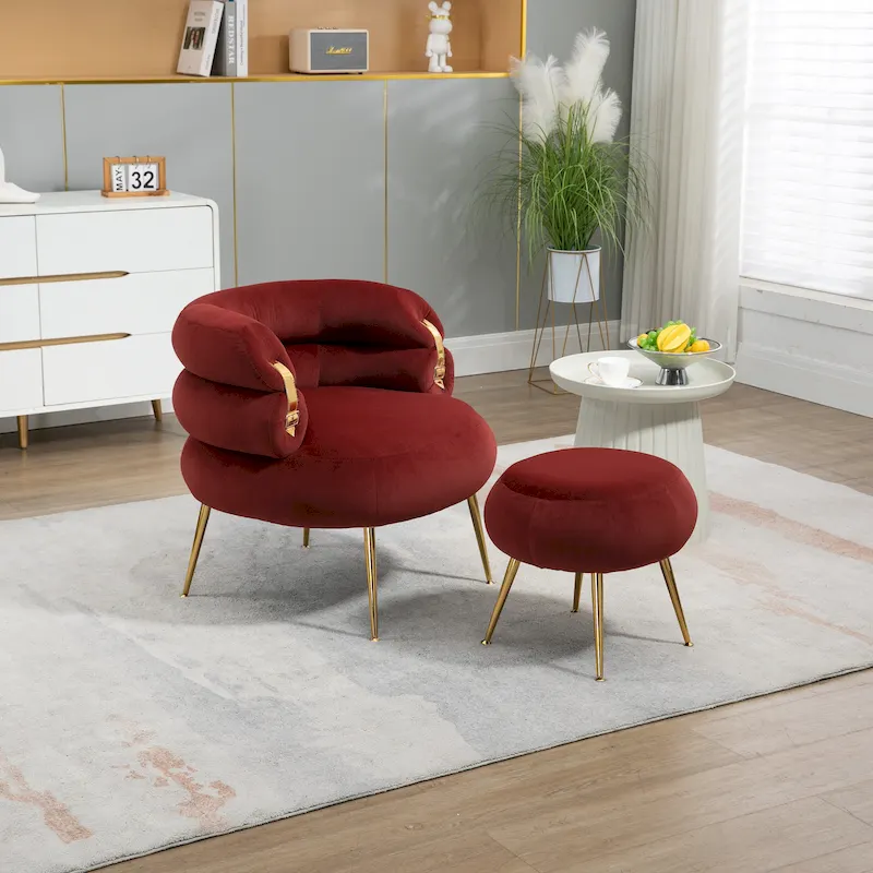 Wine Red Upholstered Barrel Chair with Ottoman and Metal Legs
