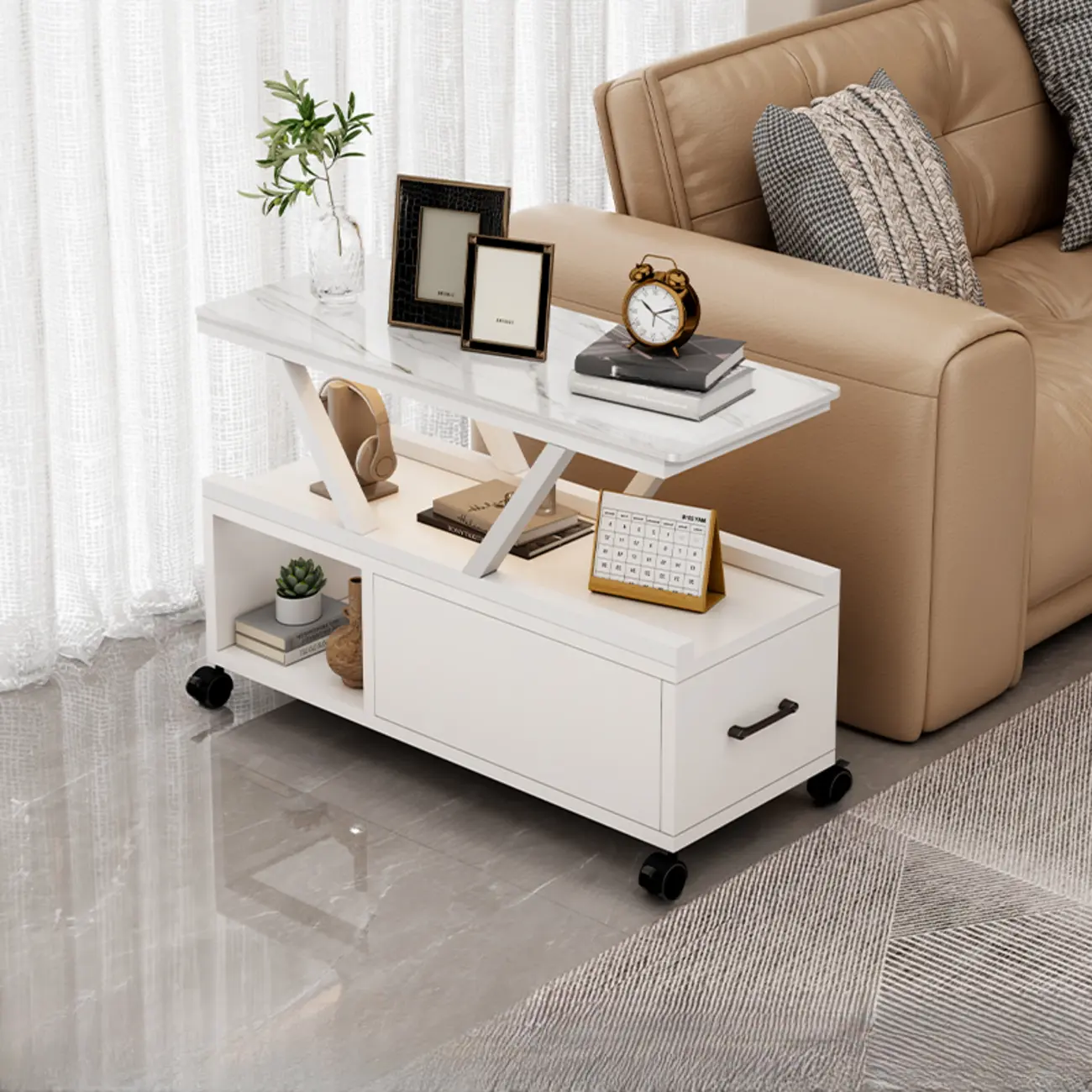 Grey Sintered Stone Top Rectangular Mobile Side Table with Storage