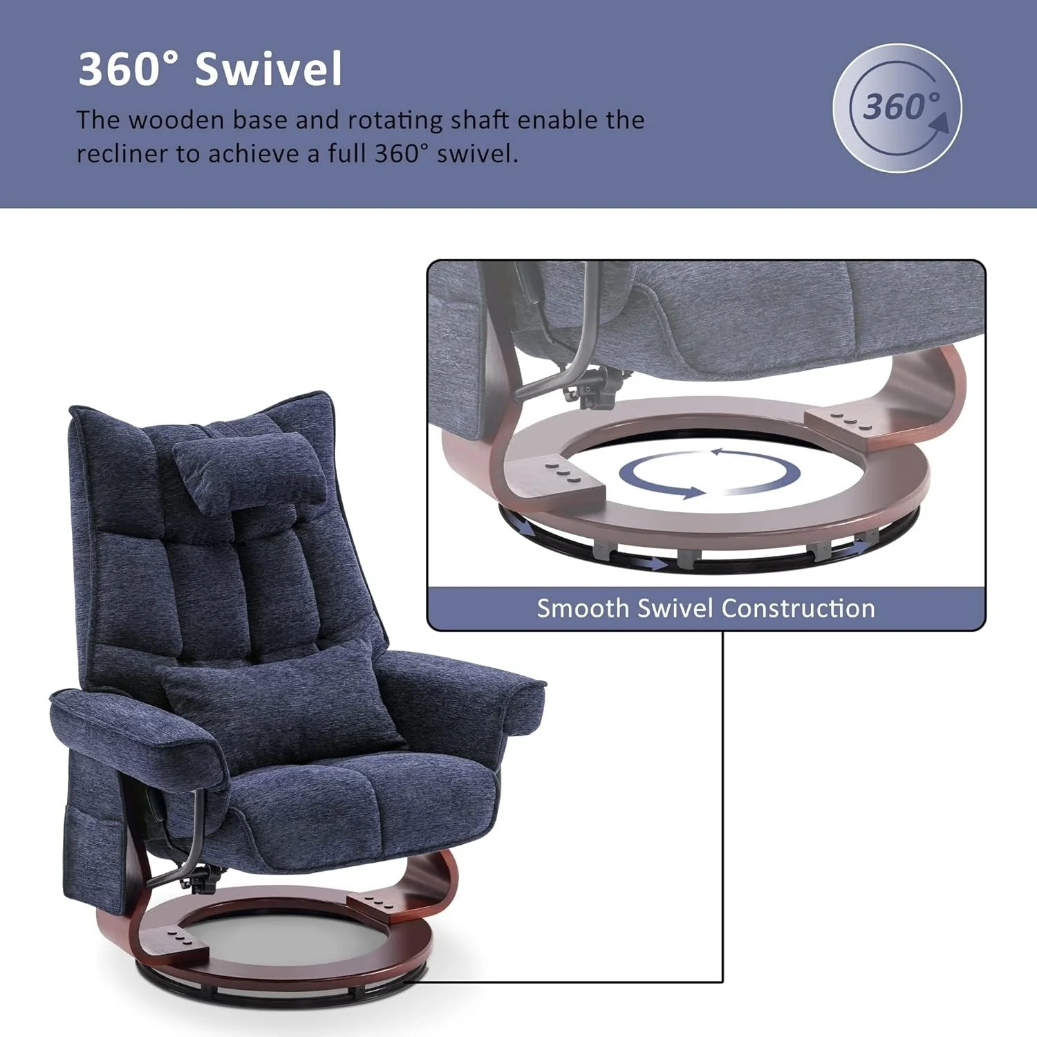 MCombo Set of 2 Swivel Recliner with Ottoman and Neck Pillow,Chenille Fabric