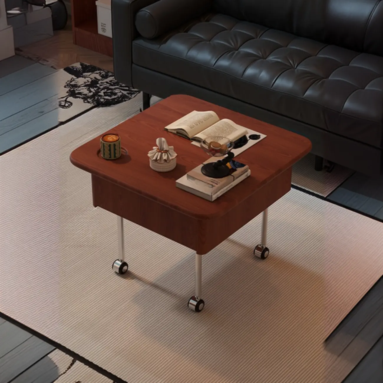 Square Wood Metal Storage Lift-Top Coffee Table with Wheels