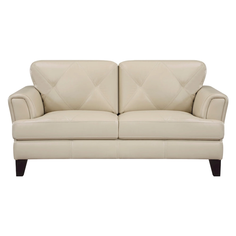 Lisa 71 Inch Loveseat, Cream Top Grain and Split Leather Brown Solid Wood