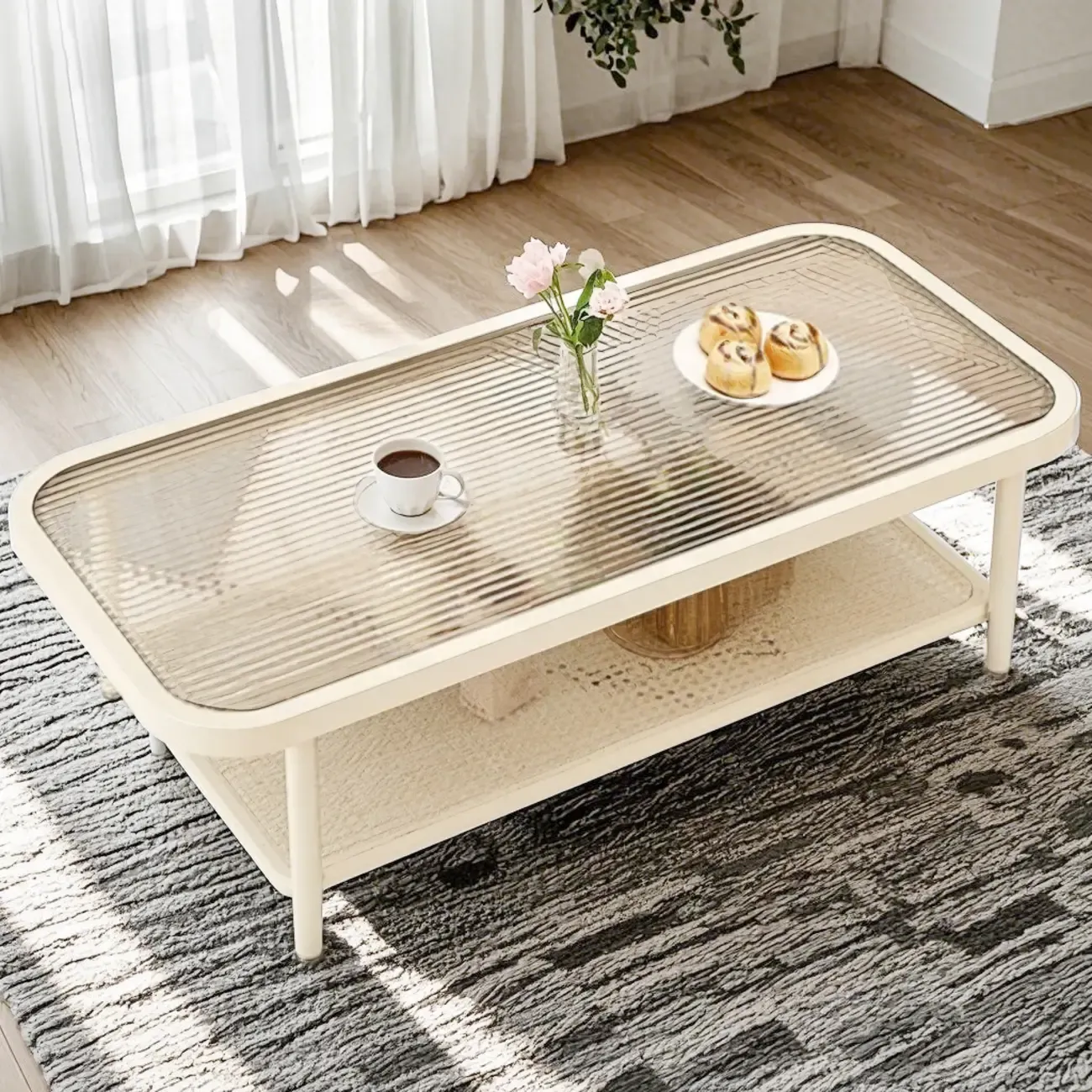 2-Tier Modern Cream Rectangle Glass Coffee Table