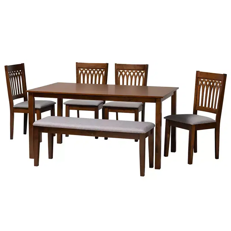Modern Fabric & Wood Dining Set for 6 – 4 Chairs + Bench + Table