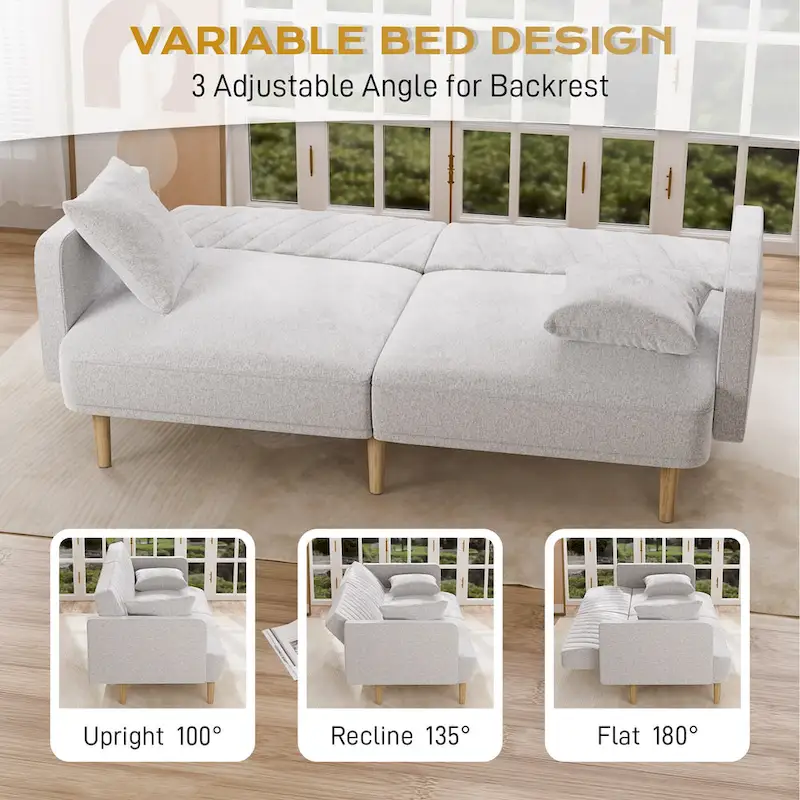 Upholstered Tufted Convertible Futon Sofa Bed, Velvet Sleeper Couch, 3 Seater Tufted Sofa with Adjustable Backrests