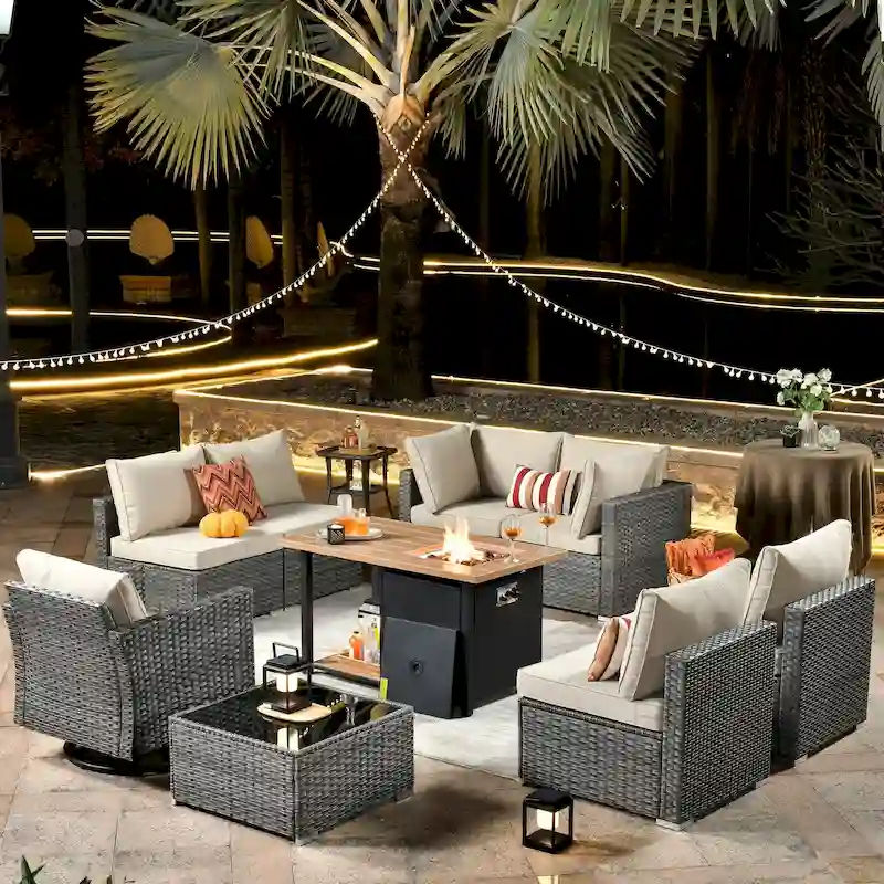 HOOOWOOO 10-piece Grey Rattan Patio Furniture Set with Fire Pit