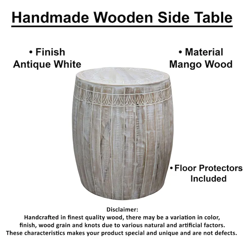 Side End Table with 16 Inch Round Top, In Antique White Mango Wood