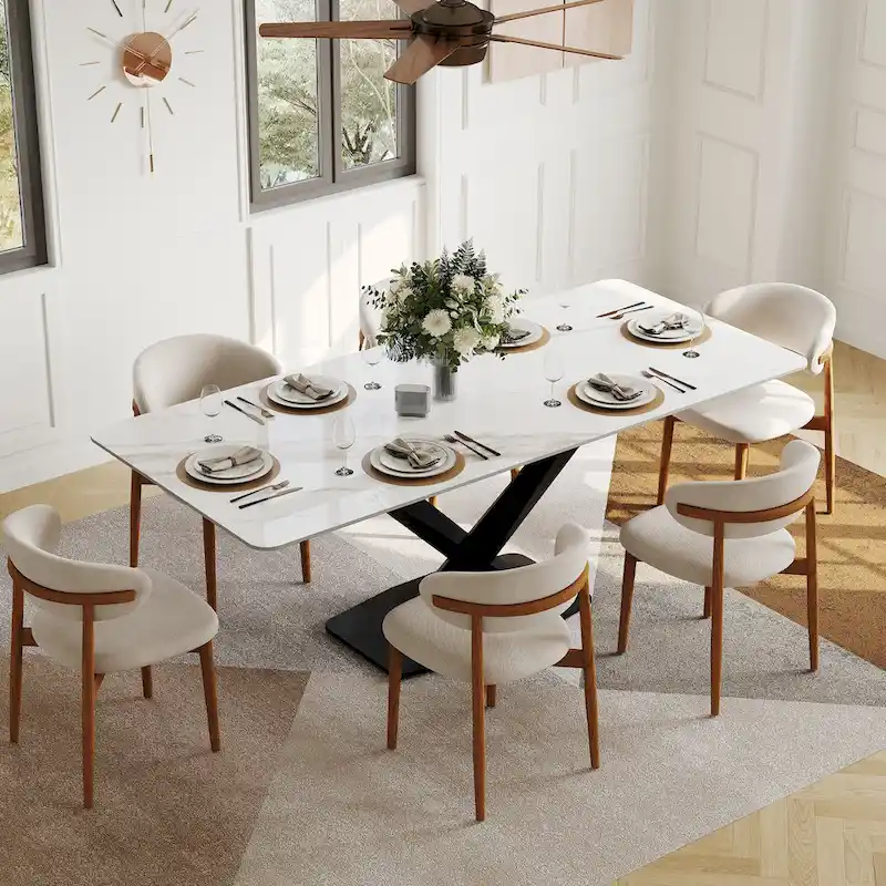 Modern Rectangular Dining table with Glossy Sintered Stone Table top, White Kitchen Table