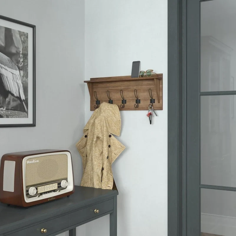 Wall Mounted Storage Rack with Upper Shelf and Storage Hooks