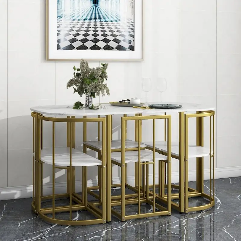 Modern 7-Piece Dining Table Set with Faux Marble Compact