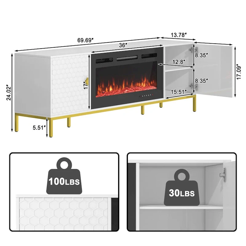 70 Wood Fireplace TV Stand with 36 Electric Fireplace