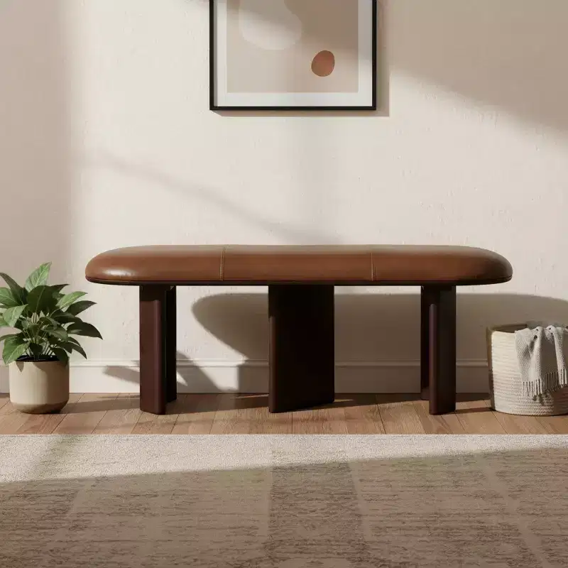 Brown Genuine Leather Upholstered Bench, Seats 2