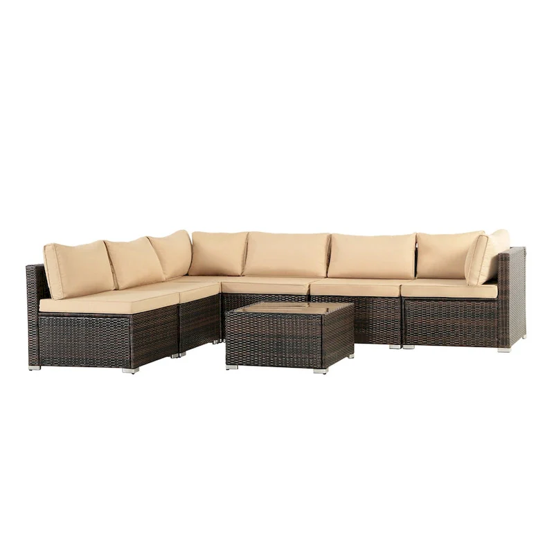 7-piece Brown Patio Wicker Sofa Furniture Set, 6 Sofas, 1 Table