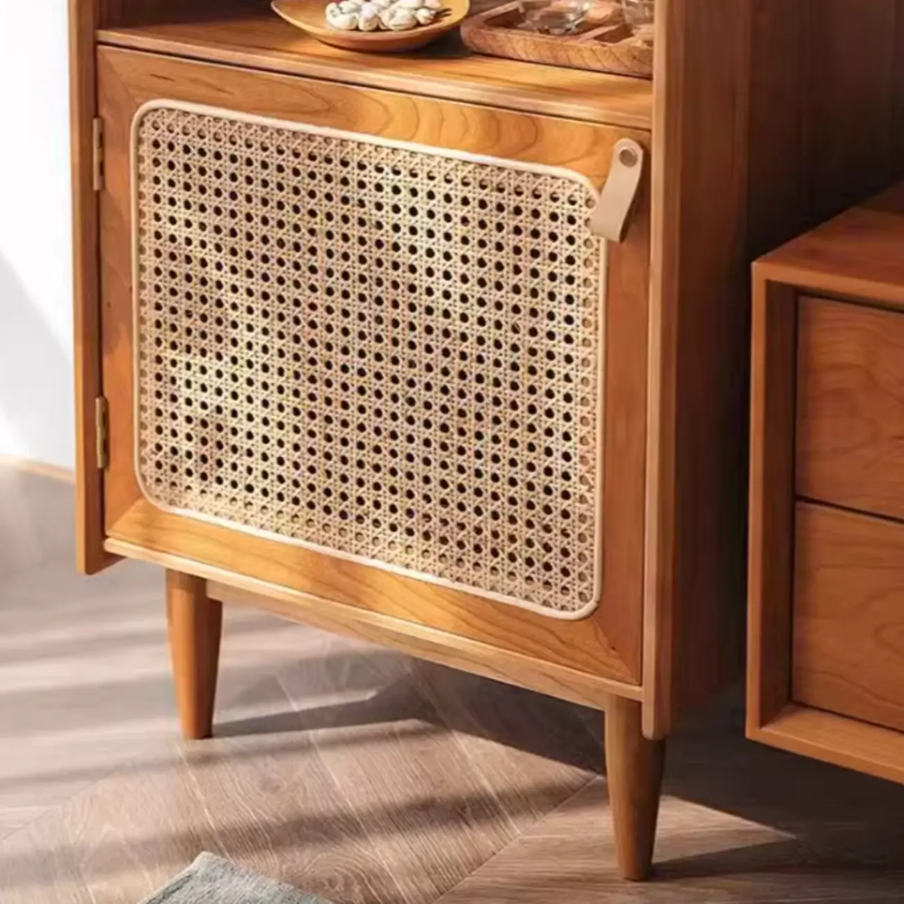 3-Tier Versatile Natural Cherry Wood Glass Rattan Utility Cabinet