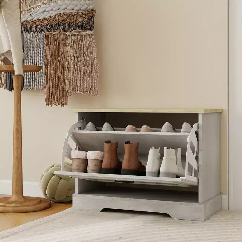 AndMakers 17.71 in. H x 23.62 in. W Antique White Shoe Cabinet with 1 Flip Drawer and Adjustable Shelf