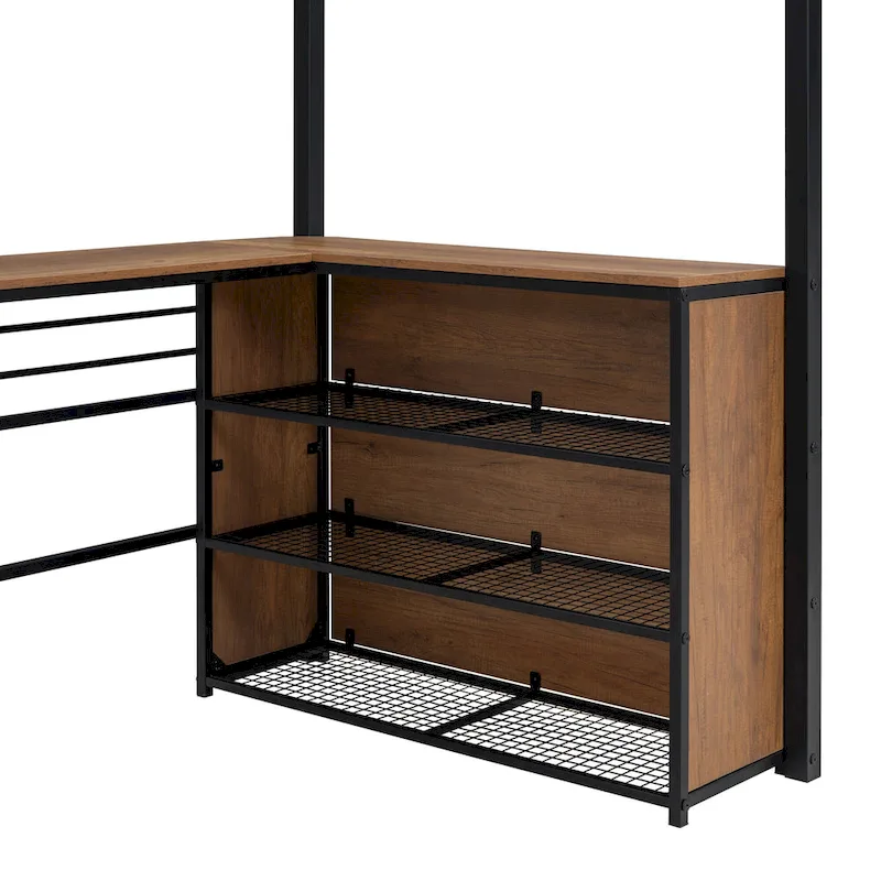 Metal Loft Bed with Under Bed L-shaped Desk and 3 Storage Shelves, Movable Ladder High Loft Bed