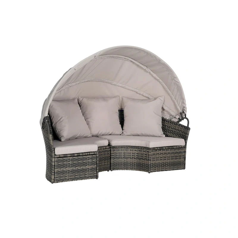 5-Piece Round Daybed Sunbed with Canopy & Removable Cushions