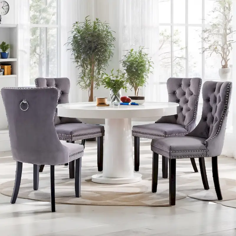 Set of 2 Velvet Dining Chairs,Tufted Solid Wood Armless Chairs Accent Chair with Nailhead Trim and Back Ring Pull