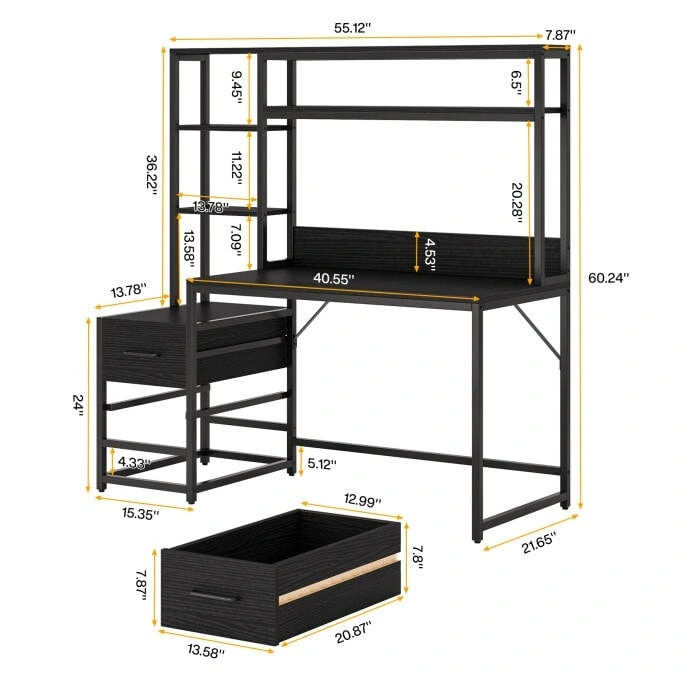 Rustic Computer Office Desk with Drawers and Hutch