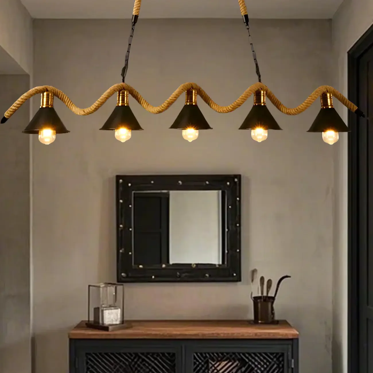 Industrial Metal Hemp Rope Pendant Light